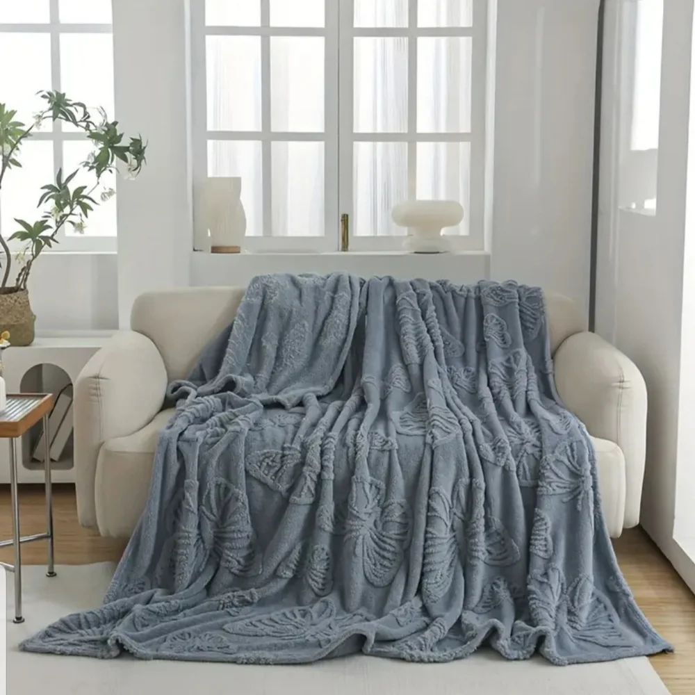 Super Soft Blue Embroidered Butterfly Throw Blanket